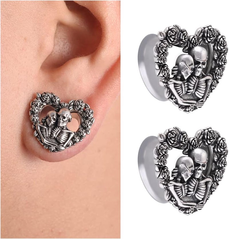 COOEAR Heart Ear Plugs Stainless Steel Tunnels Flared Shape Gauges Skull Stretcher Expander Earrings Size 0g to 1 inch. - Image 5